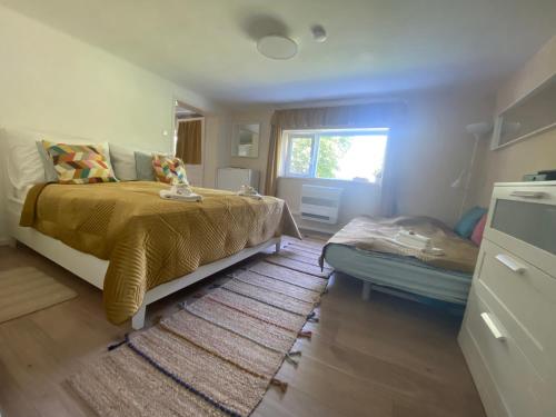 a bedroom with a bed and a window and a rug at Lilakő Apartman in Mátraszentimre