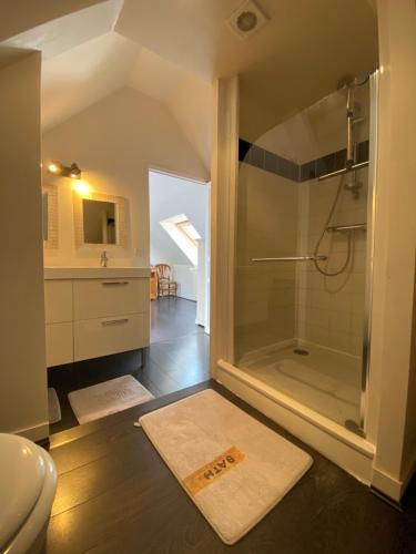 une salle de bain avec une douche, un lavabo et des toilettes dans l'établissement gite de la Vallée, à Bourdainville