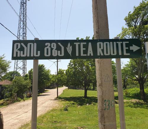 a green street sign on a pole in a park at Eco-friendly Guesthouse Tea Gezruli 25 km from Chiatura in Tsinsopʼeli