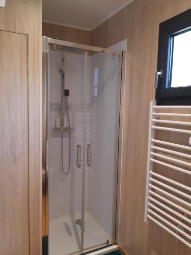 eine Dusche mit Glastür im Badezimmer in der Unterkunft Studio en bois à 20mn du Puy du Fou avec grand jardin in Saint-Mesmin