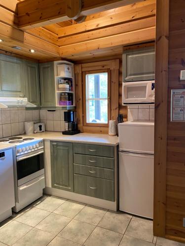 a kitchen with green cabinets and white appliances at Latvahonka Cottage in Jämsä