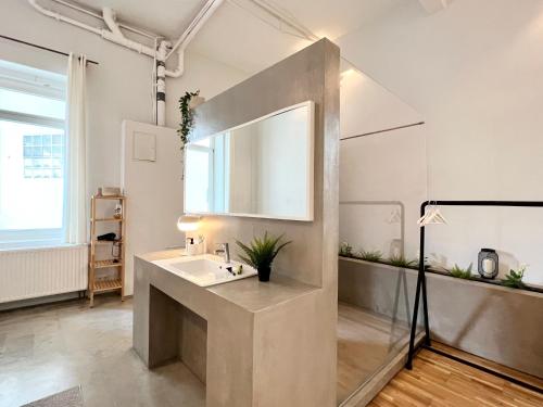 W łazience znajduje się umywalka i lustro. w obiekcie Große Loft-Apartments im Herzen Bremens w Bremie