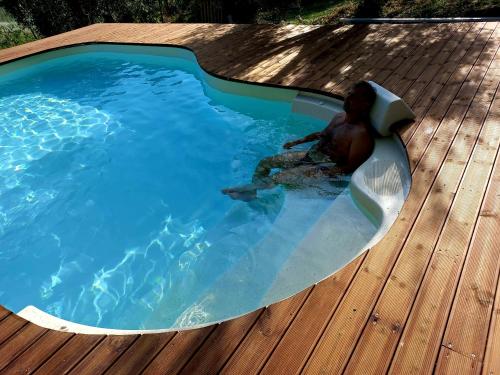 a swimming pool with a duck in the water at Residenza Santa Maria In Borraccia in Magliano in Toscana