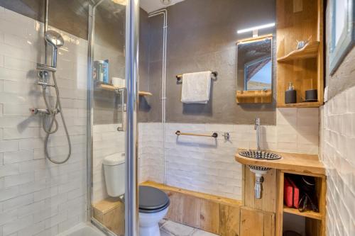 une salle de bain avec une douche, des toilettes et un lavabo dans l'établissement Mogador Air Conditionned 3 rooms apt in the historic center, à Montpellier