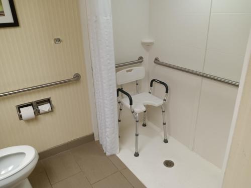 a bathroom with a toilet and a shower and a chair at Comfort Suites South in Fort Wayne