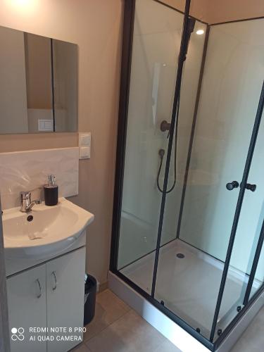 a bathroom with a shower and a sink at apartament udany wypoczynek in Sarbinowo