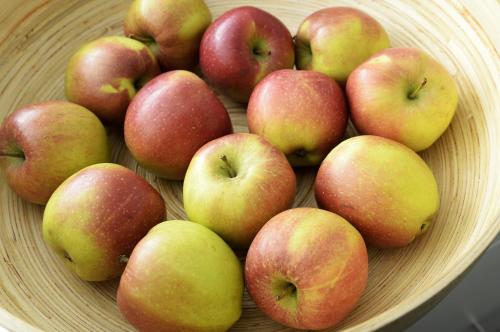 a bunch of apples in a wooden bowl at Gästehaus Hunziker in Zürich