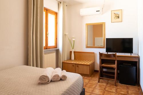 a bedroom with a bed and a desk and a television at Hotel L'Aragosta in La Caletta