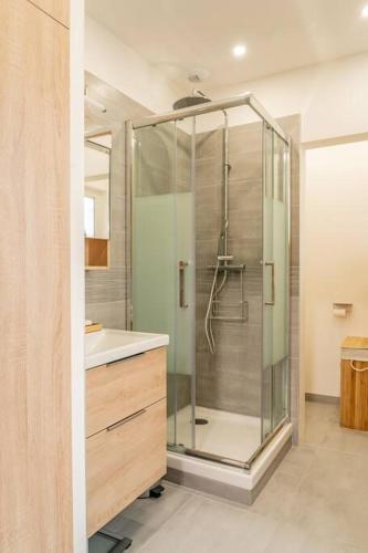 une salle de bain avec une douche en verre et un lavabo dans l'établissement Chartres hyper centre bel appartement rénové, à Chartres