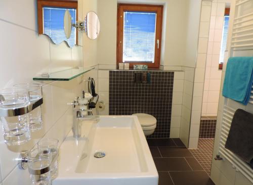 a bathroom with a white sink and a toilet at Ferienhaus Monte Bianco in Kappl