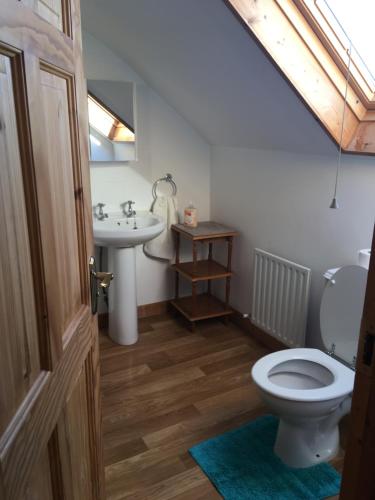 a bathroom with a toilet and a sink at Kate’s Cottage 