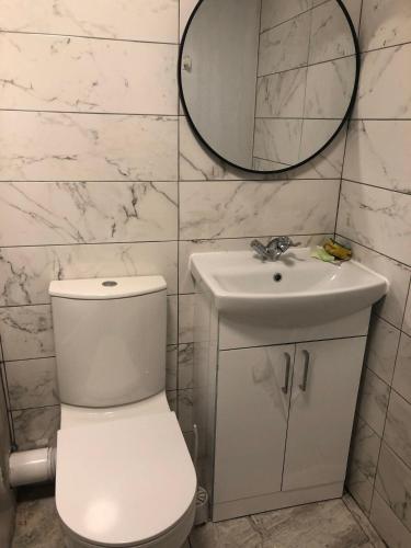 a bathroom with a toilet and a sink and a mirror at Falcon Drive Room 1 in Oldham