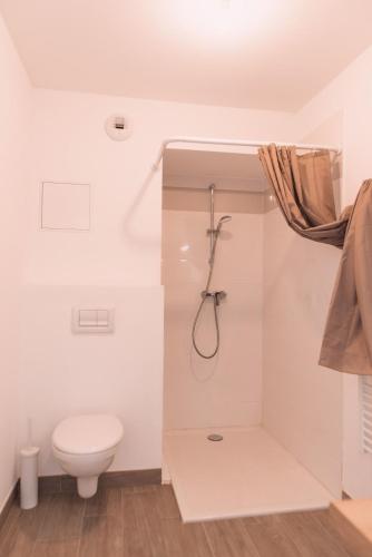 La salle de bains blanche est pourvue d'une douche et de toilettes. dans l'établissement Studio with breathtaking view of Lake Monteux, à Monteux