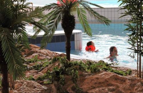 two people in a swimming pool with a palm tree at Sweet Summer Apartman Zsory in Mezőkövesd