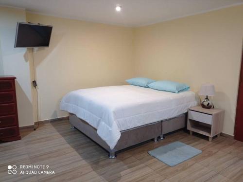 a bedroom with a bed and a flat screen tv at casa hospedaje regina marie in Huaraz