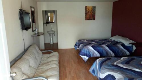 Zimmer mit 2 Betten, einem Sofa und einem TV in der Unterkunft Alojamiento Alpha in Ciudad Juárez