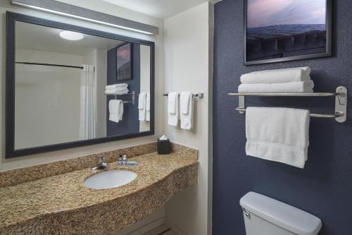 a bathroom with a sink and a mirror and towels at Fairfield Inn & Suites by Marriott Orlando International Drive/Convention Center in Orlando