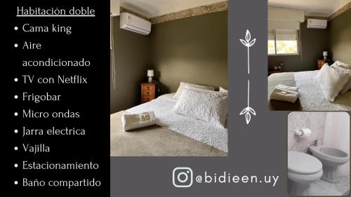 two pictures of a bedroom with a bed and a bathroom at Bidieen Inn Uruguay in Carrasco