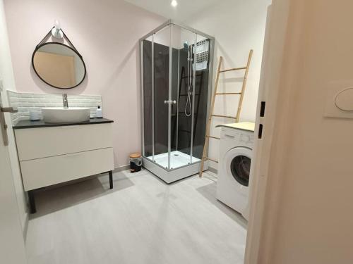 bagno con lavandino e lavatrice di Magnifique F2 Cosy Centre-Ville a Lisieux