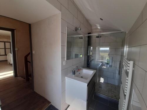 y baño con lavabo y espejo. en Maison La Roche-Posay, 2 pièces, 5 personnes - FR-1-541-52, en La Roche-Posay