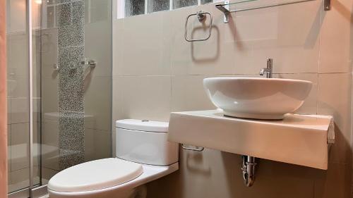 a bathroom with a sink and a toilet at QUECHUA´S HOUSE Hostal & Coffee in Machu Picchu