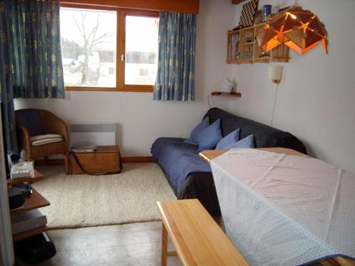 a living room with a blue couch and a window at Appartement 3 pièces, 4 pers, skis aux pieds, balcon, parking, proche village - FR-1-733-106 in Crest-Voland