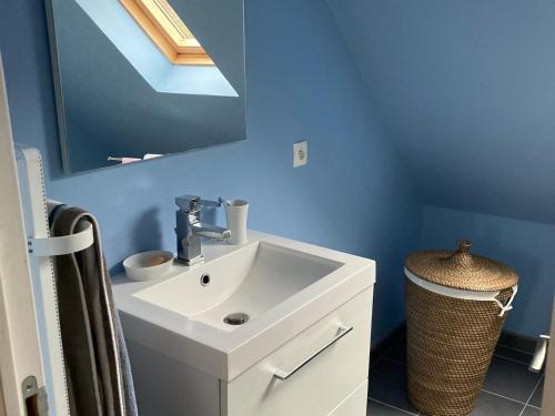 La salle de bains est pourvue d'un lavabo et d'un miroir. dans l'établissement Maison Locmaria, 3 pièces, 6 personnes - FR-1-418-231, à Locmaria