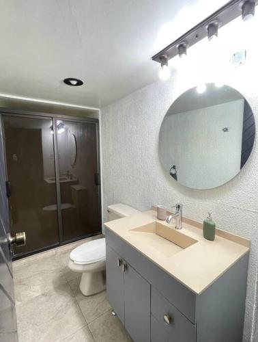 a bathroom with a sink and a toilet and a mirror at Departamento con estacionamiento Del Valle in Mexico City