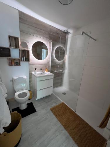 ein Bad mit einer Dusche, einem WC und einem Waschbecken in der Unterkunft COCOON & SPA in Médis