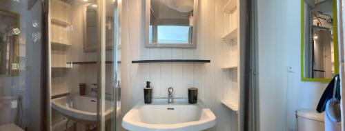 une salle de bain blanche avec un lavabo et des toilettes dans l'établissement Centre médiéval Sarlat, à Sarlat-la-Canéda