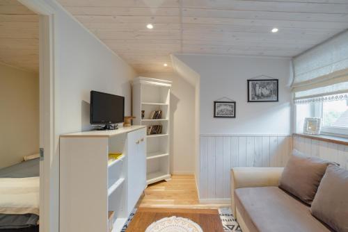 a living room with a couch and a tv at Posti studio apartment in Paide