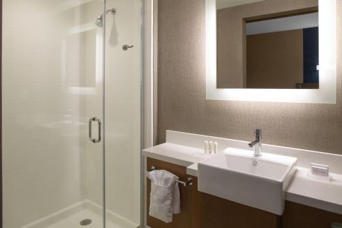 La salle de bains est pourvue d'un lavabo et d'une douche. dans l'établissement SpringHill Suites by Marriott Kansas City Lenexa/City Center, à Lenexa