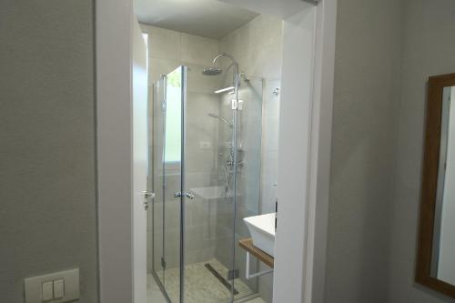La salle de bains est pourvue d'une douche en verre et d'un lavabo. dans l'établissement Octogon, à Băile Felix