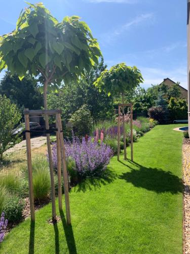 a garden with a row of trees and purple flowers at Apartmán květinová zahrada in Prague