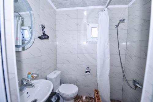 a white bathroom with a toilet and a sink at HOTEL VLADi in Kutaisi