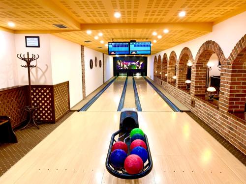 a bowling alley with balls in a lane at Hotel Bílý Beránek Kralovice in Kralowitz