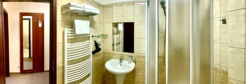 a bathroom with a sink and a mirror at Hotel Bílý Beránek Kralovice in Kralowitz