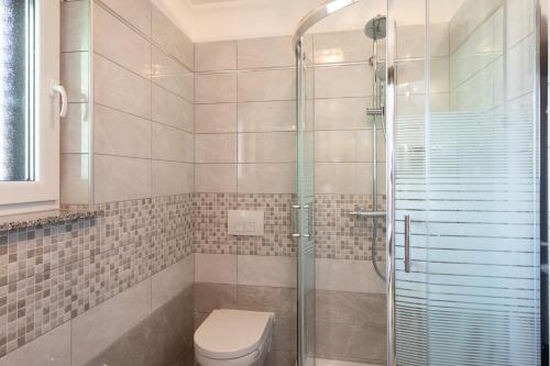 a bathroom with a toilet and a glass shower at House Zrile with garden and jacuzzi in Baška