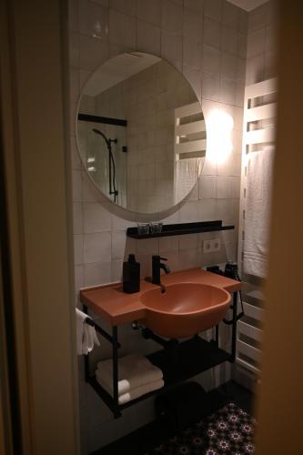 a bathroom with a sink and a mirror at Pension Alter Bischofshof in Naumburg