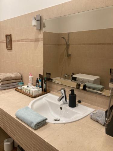 La salle de bains est pourvue d'un lavabo et d'un miroir. dans l'établissement Apartment Dzelzavas 19/3, à Riga