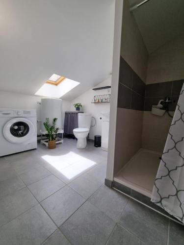 La salle de bains est pourvue de toilettes et d'un lave-linge. dans l'établissement Maison avec Extérieur - Stationnement Gratuit, à Périgueux