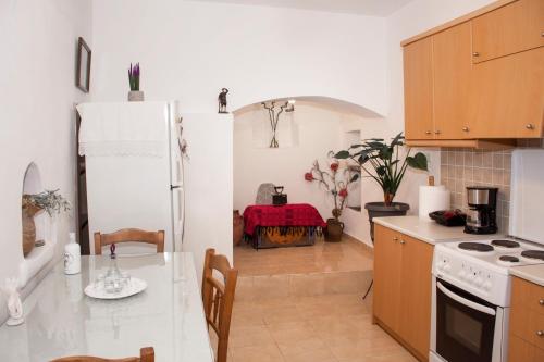 uma cozinha com um frigorífico branco e uma mesa em Casa Elafonisi N1 em Plokamianá
