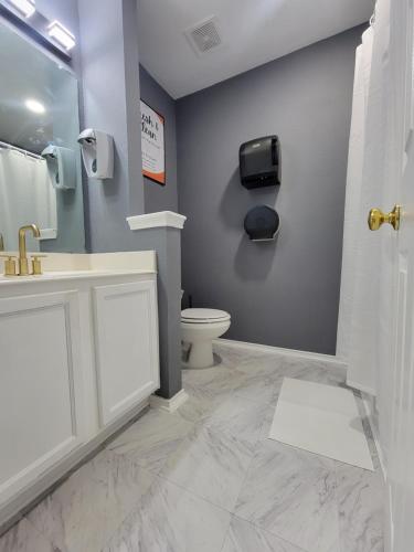 a bathroom with a sink and a toilet and a tv at Nice & Cozy Bedroom at GP's in Grand Prairie