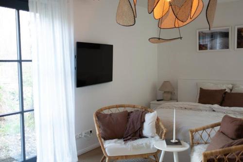a bedroom with a bed and a couch and a tv at 1-Zimmer-Appartement, beste Lage in Oberkotzau