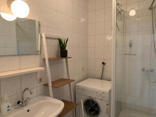 a bathroom with a sink and a washing machine at Kustverhuur, Oude manege Nieuwvliet, Nieuwvliet 10 in Nieuwvliet