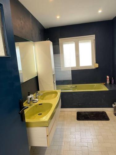 La salle de bains est pourvue d'un lavabo jaune et d'une baignoire. dans l'établissement Le cocon boulonnais, à Boulogne-sur-Mer