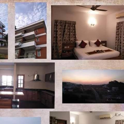uma colagem de fotos de um quarto de hotel com uma cama e um quarto em ZIONS APARTMENT em Devanhalli
