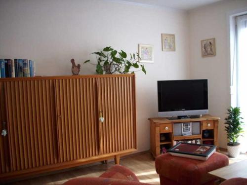 uma sala de estar com uma televisão de ecrã plano e um centro de entretenimento em Ferienwohnung Regner em Bad Bevensen