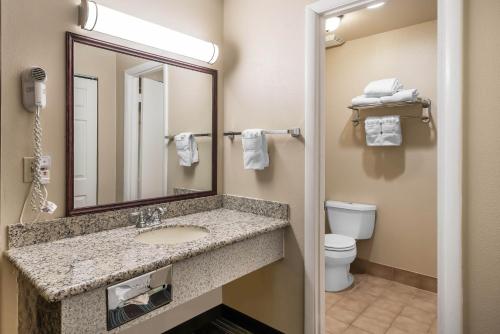 uma casa de banho com um lavatório, um espelho e um WC. em Oasis Inn Tacoma em Tacoma