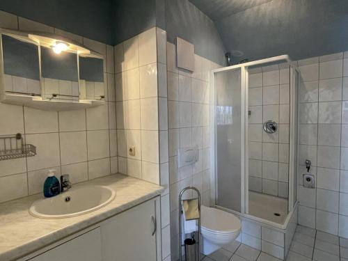 a bathroom with a sink and a shower and a toilet at Fewo 03 Ferienwohnung am Salzhaff in Rerik